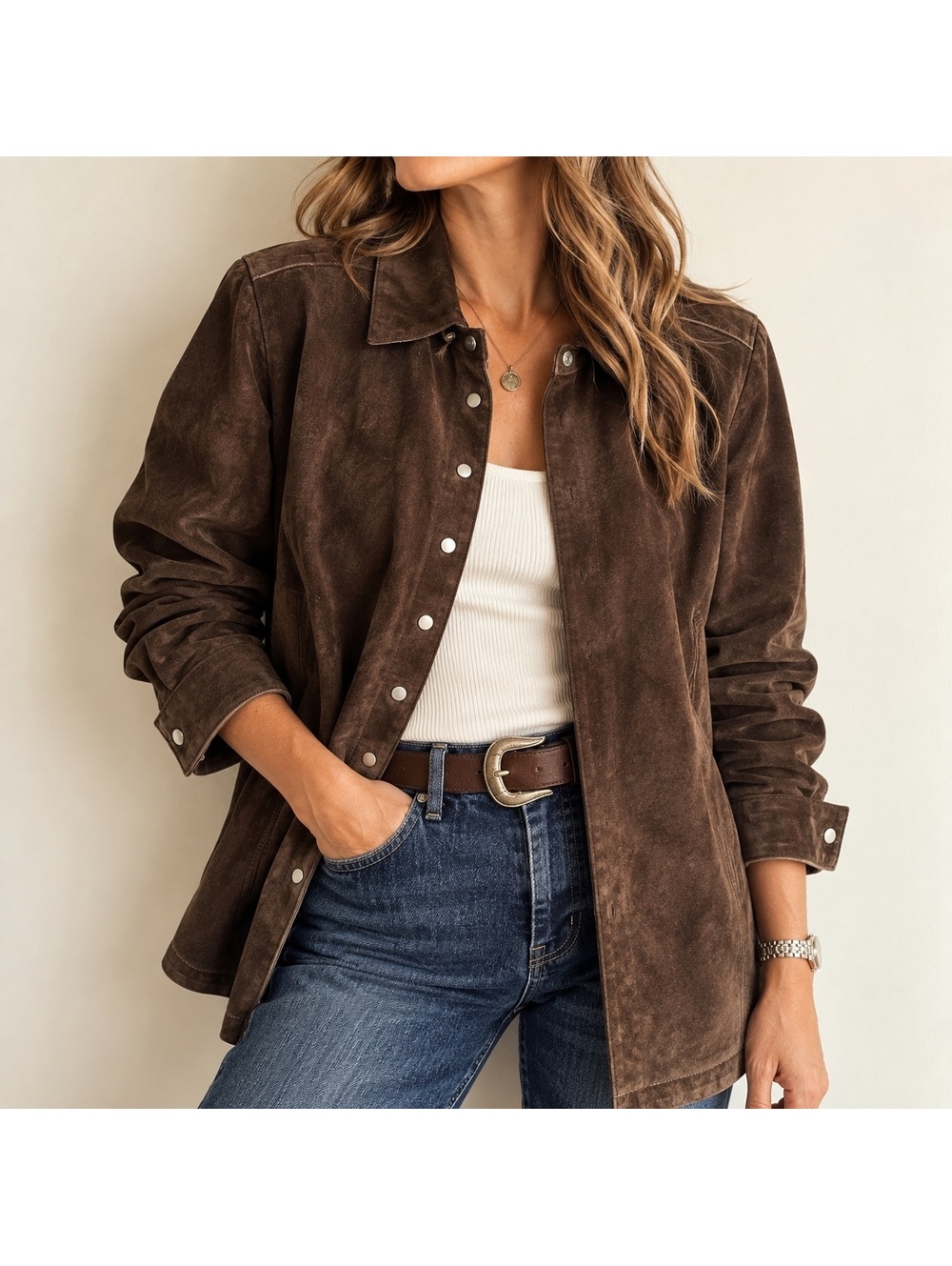 Vintage Chocolate Brown Suede Leather Snap Shirt Jacket Western Overshirt